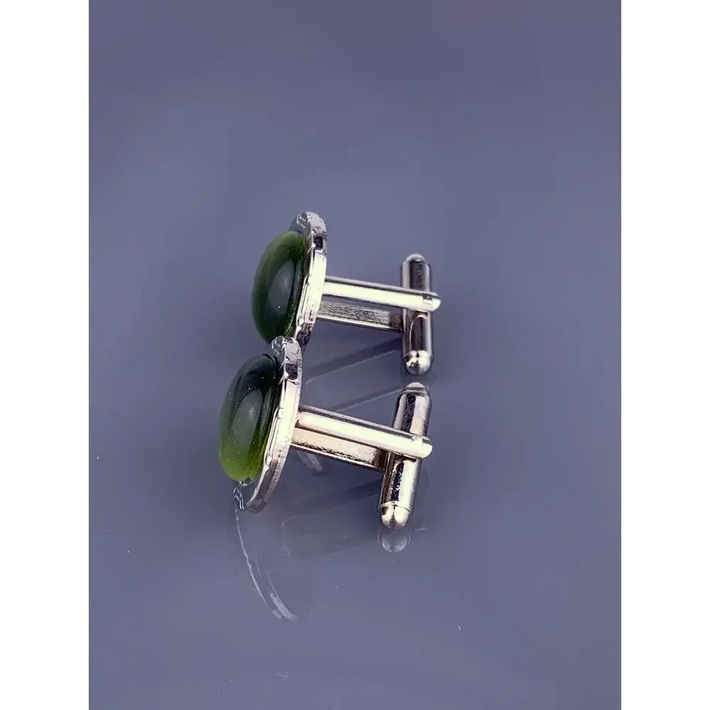 Green Round Cabochon Cufflinks Silver Tone Modernist Simple Cats Eye Vintage